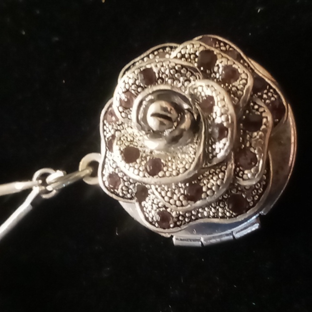 Rose locket necklace with Lavender glass beads and crystals 18+2 in long
